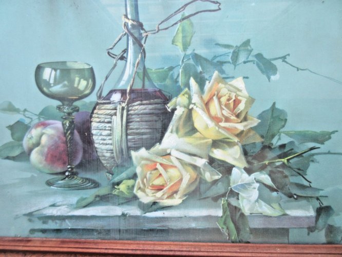 Chromo gravure 1900, cadre bois sculpté, vitré: Nature morte et roses jaunes