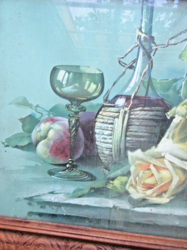 Chromo gravure 1900, cadre bois sculpté, vitré: Nature morte et roses jaunes