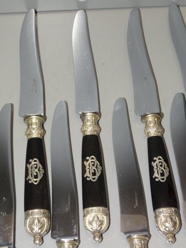 -COFFRET 12 COUTEAUX BOIS PRECIEUX Chiffrés DB Lames gravées GENEBRIAS LIMOGES D