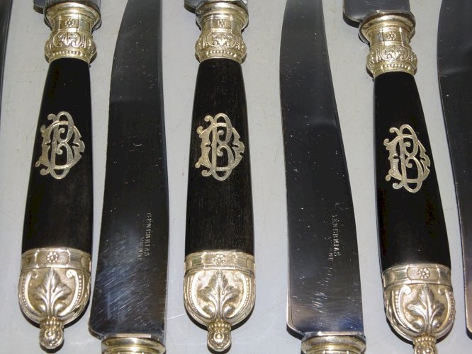 -COFFRET 12 COUTEAUX BOIS PRECIEUX Chiffrés DB Lames gravées GENEBRIAS LIMOGES D