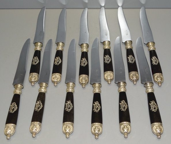-COFFRET 12 COUTEAUX BOIS PRECIEUX Chiffrés DB Lames gravées GENEBRIAS LIMOGES D