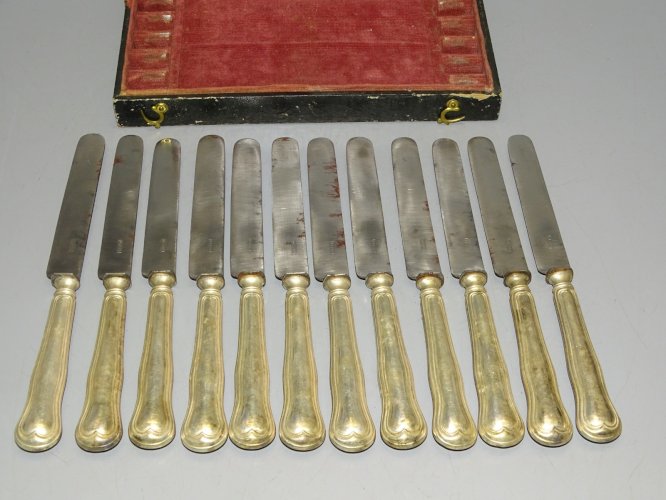 -COFFRET  12  COUTEAUX LAMES Gravées PARIS MANCHES Métal Argenté jus Grenier   D