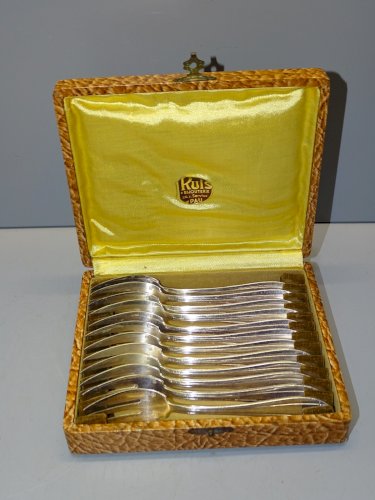 -COFFRET 12 PETITES FOURCHETTES A GATEAUX METAL ARGENTE COUVERTS DIXI 18g D