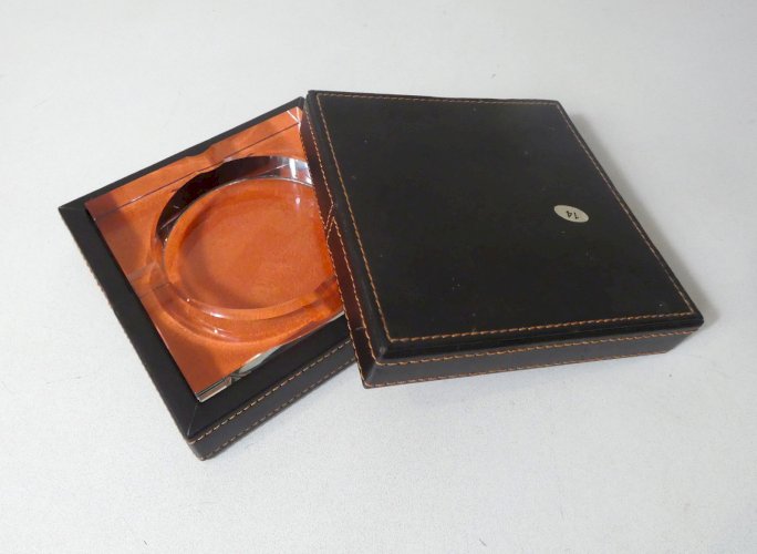 coffret cendrier en verre et cuir vintage