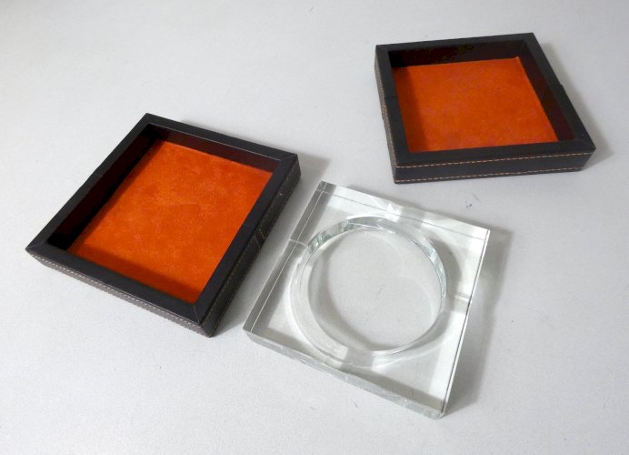 coffret cendrier en verre et cuir vintage