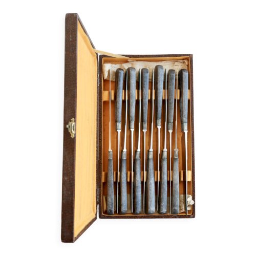 Coffret de 12 couteaux anciens G. Sirot - Manches résine effet corne