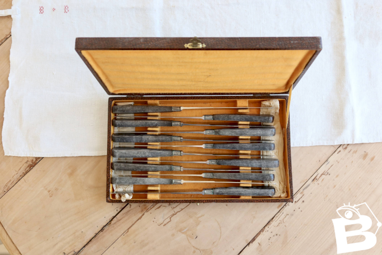 Coffret de 12 couteaux anciens G. Sirot - Manches résine effet corne