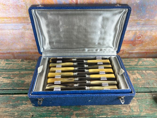 Coffret double 24 couteaux vintage – Manche corne – 12 couteaux table &amp; fromage