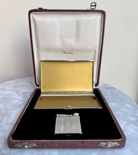 Coffret Quercia boite à cigarettes briquet Flamidor métal argenté 1930 M3901