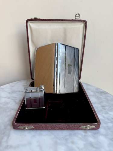 Coffret Quercia boite à cigarettes briquet Flamidor métal argenté 1930 M3901
