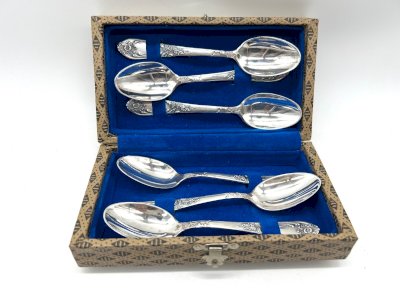 Vintage Set of 6 Dessert Spoons – Silver Plated Metal – Soviet Russia