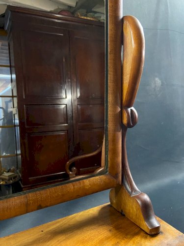 Coiffeuse de table XIXe à deux tiroirs & miroir en noyer d'époque Louis-Philippe