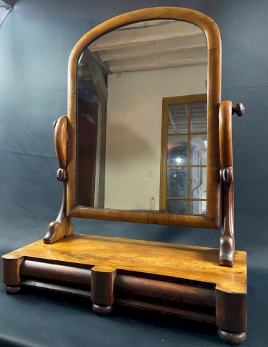 Coiffeuse de table XIXe à deux tiroirs & miroir en noyer d'époque Louis-Philippe