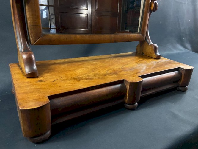 Coiffeuse de table XIXe à deux tiroirs & miroir en noyer d'époque Louis-Philippe