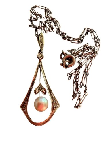 Collier Ancien Époque, Art. Déco Vers 1925, Or 18 Carat -Argent, Vintage