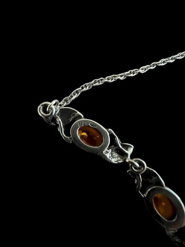 Collier argent massif 925 et Ambre vintage floral charme Pampille