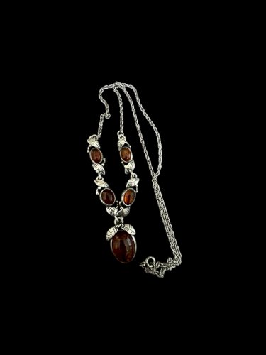 Collier argent massif 925 et Ambre vintage floral charme Pampille