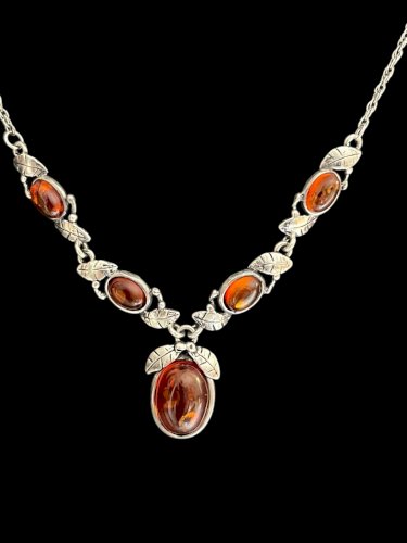 Collier argent massif 925 et Ambre vintage floral charme Pampille