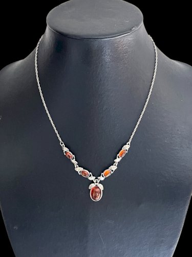 Collier argent massif 925 et Ambre vintage floral charme Pampille