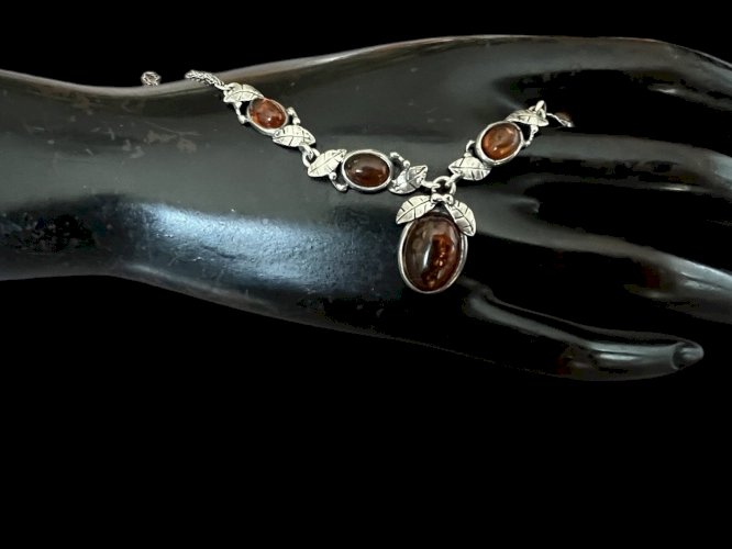 Collier argent massif 925 et Ambre vintage floral charme Pampille