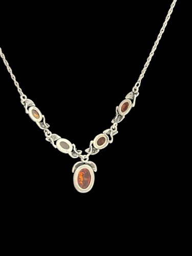 Collier argent massif 925 et Ambre vintage floral charme Pampille