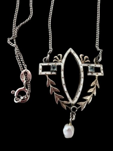 Collier Art Nouveau Argent Vermeil Émail Perle Ancien Pendentif Rare XIXe s