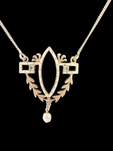 Collier Art Nouveau Argent Vermeil Émail Perle Ancien Pendentif Rare XIXe s