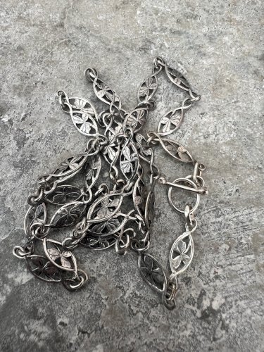 collier Chaine sautoir Maille Olive Ancien Vintag 1900 Art Nouveau Trèfle Chance