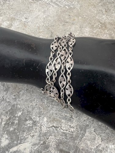 collier Chaine sautoir Maille Olive Ancien Vintag 1900 Art Nouveau Trèfle Chance