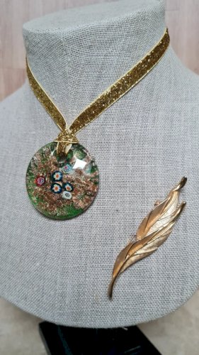 Collier en verre style Murano et broche doré vintage