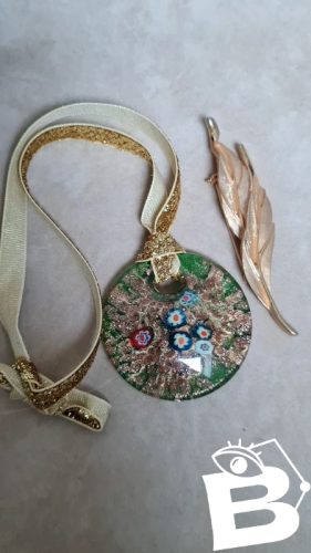 Collier en verre style Murano et broche doré vintage