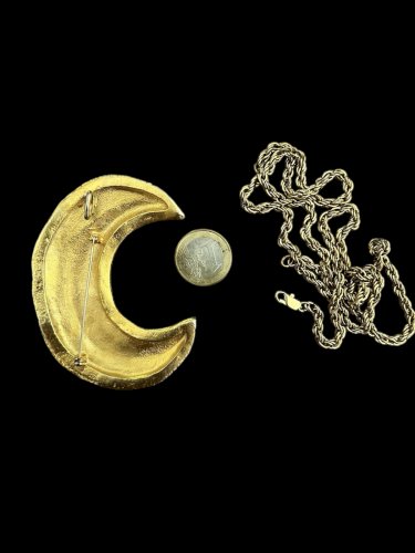 Collier Pendentif Broche Vintage Couture Abstrait Bronze Extra Large Lune Design