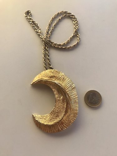 Collier Pendentif Broche Vintage Couture Abstrait Bronze Extra Large Lune Design