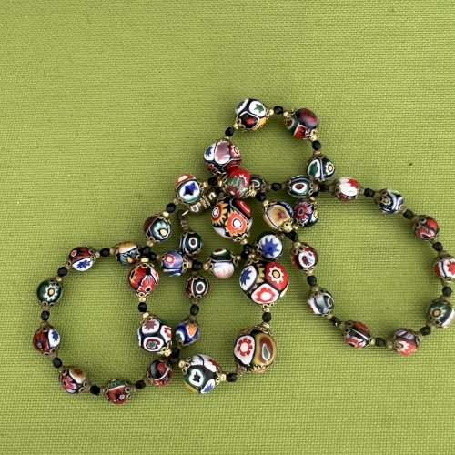 Collier perles de verre de Murano en chute vintage ancien Millefiori multicolore