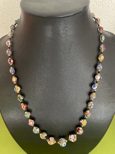 Collier perles de verre de Murano en chute vintage ancien Millefiori multicolore