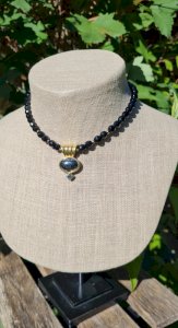 Vintage choker necklace - black faceted glass beads hematite stone