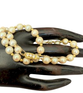 Collier ras du cou perles Akoya Fermoir Or Jaune Carats Diamants Vintage