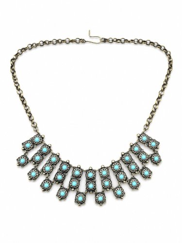 Collier Vintage 1970 Bronze Argenté Cabochons Pâte de Verre Turquoise Ethnique