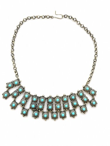 Collier Vintage 1970 Bronze Argenté Cabochons Pâte de Verre Turquoise Ethnique