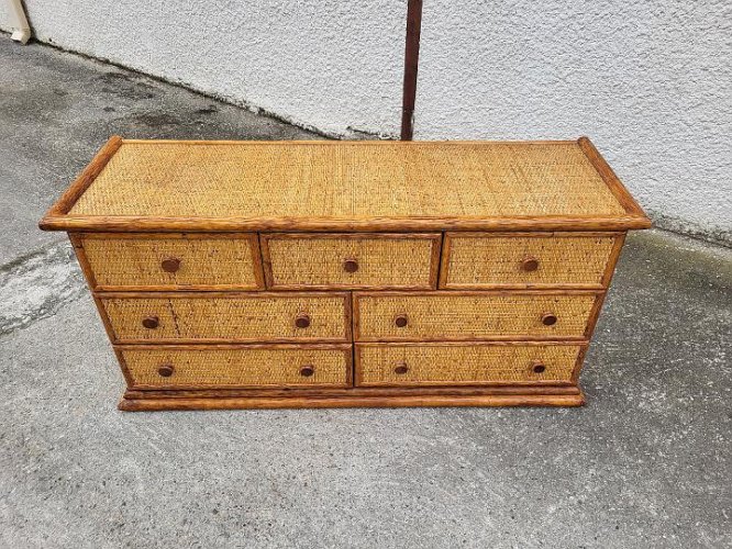 COMMODE 7 TIROIRS EN ROTIN DE MAUGRION VINTAGE