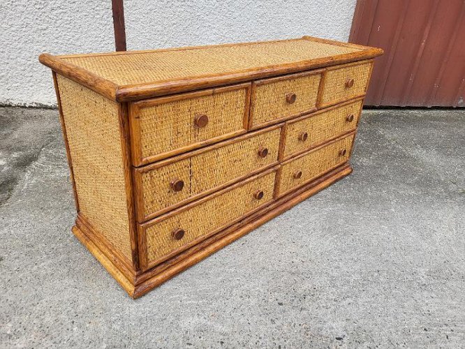 COMMODE 7 TIROIRS EN ROTIN DE MAUGRION VINTAGE