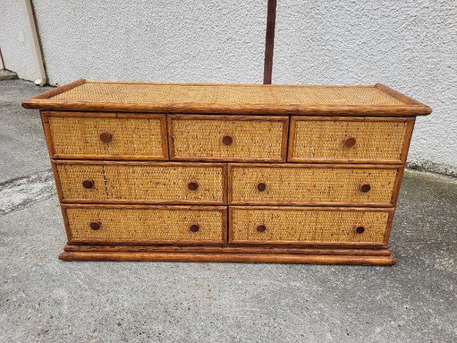 COMMODE 7 TIROIRS EN ROTIN DE MAUGRION VINTAGE