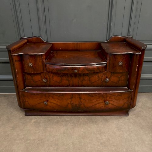Commode Art Déco en acajou flammé comprenant 5 tiroirs L9007