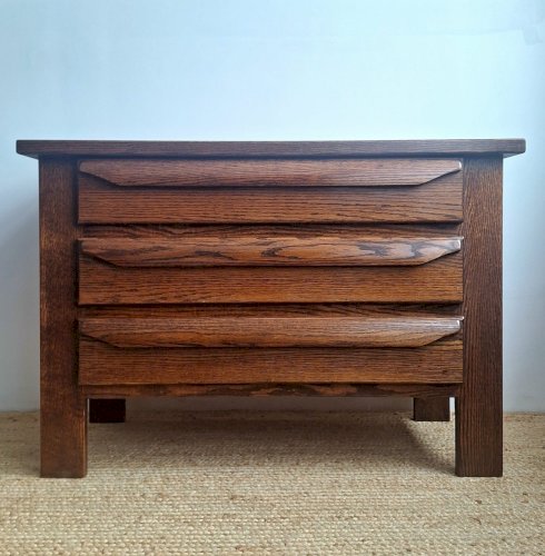 Commode Brutaliste Vintage, Meuble Ancien Bois Massif