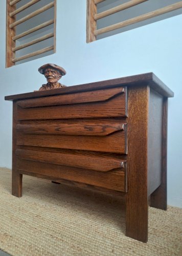 Commode Brutaliste Vintage, Meuble Ancien Bois Massif
