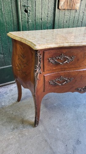 COMMODE EN BOIS DE ROSE 2 TIROIRS PLATEAU EN MARBRE OCRE