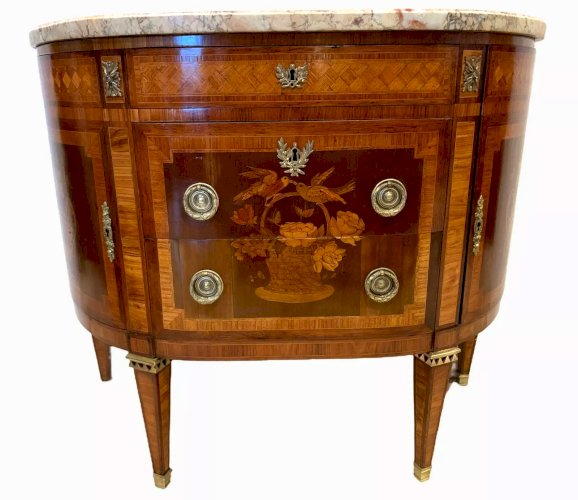 Commode En Demi Lune De Style Louis XVI En Marqueterie Fin Du XIX Siècle