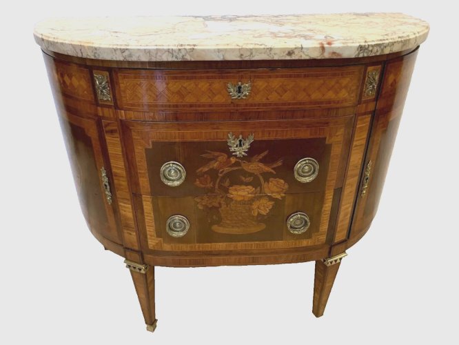 Commode En Demi Lune De Style Louis XVI En Marqueterie Fin Du XIX Siècle