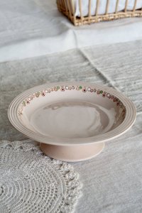 Compotier ancien Longwy en faïence rose - Série Betty - Décor Art Déco