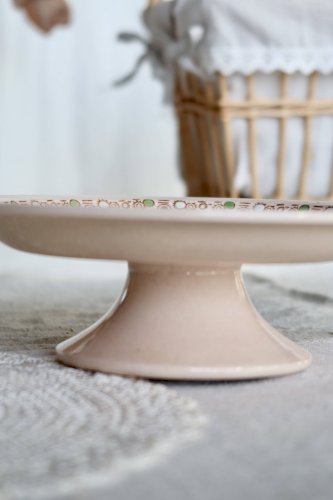 Compotier ancien Longwy en faïence rose - Série Betty - Décor Art Déco